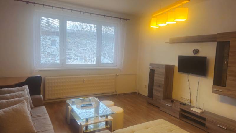 Living room with a TV, sofa, glass table, and wooden decor flooring in a two-room apartment.