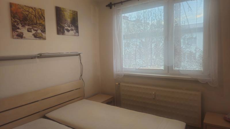 A bedroom in a 2-room apartment, with pictures of nature and a large window with white curtains.