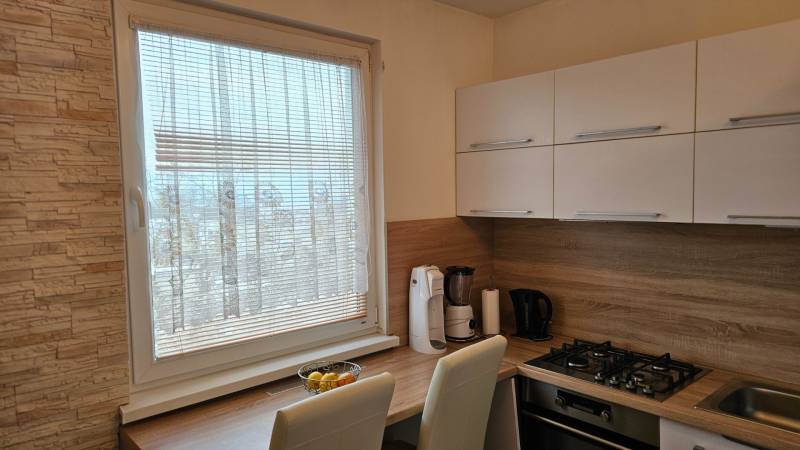 A kitchen in a 2-room apartment with a wooden decor floor and stone cladding on the wall.