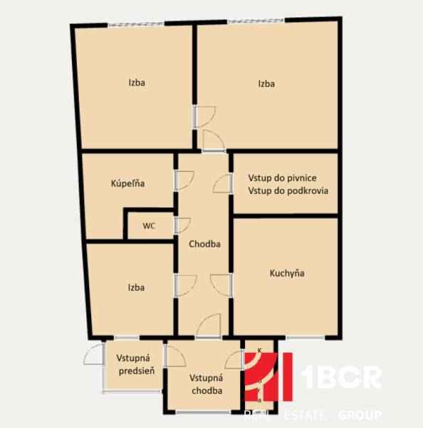 Floor plan of a family house with three rooms, a kitchen, and a bathroom.