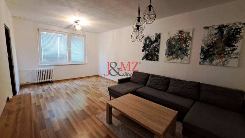 Living room in a two-room apartment with a sofa, table, and art paintings.