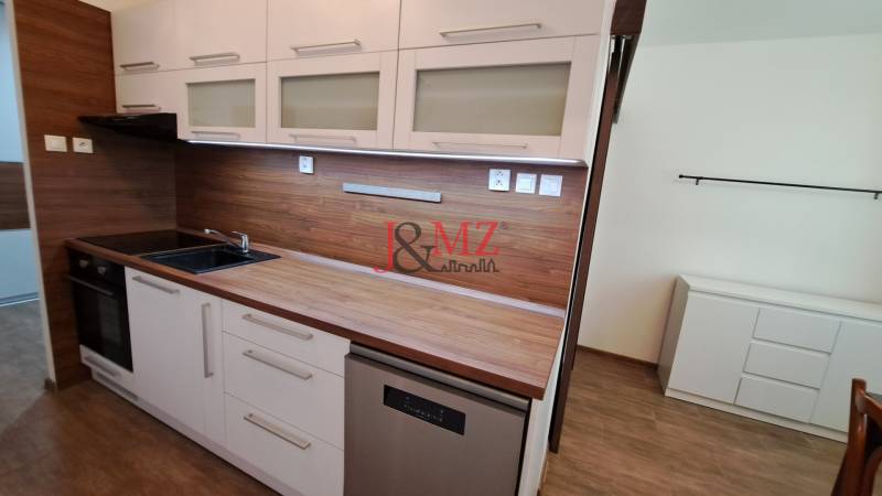 Kitchen in a 2-room apartment, wooden paneling and white cabinets with a dishwasher.