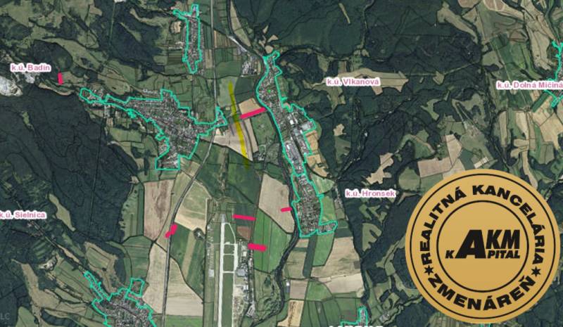 Aerial map of agricultural and forest lands around Badín.