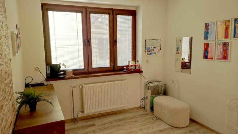 Interior of an office with wood-patterned flooring, a mirror, and a plant on the furniture.