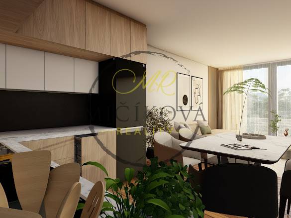 Kitchen with a dining table in a family house, wood decor and a black cabinet.