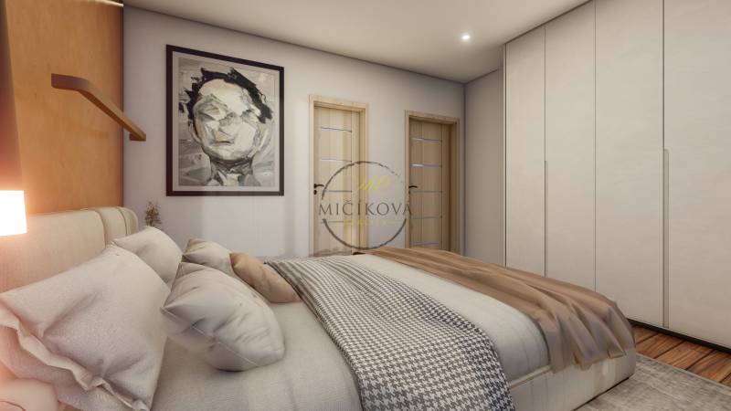 Bedroom in a family house with a large wardrobe, a painting, and a bed with neutral decor.