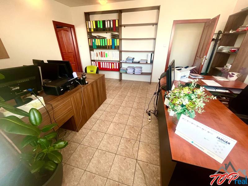 Offices with flowers in the interior on a tiled floor and shelves with documents.