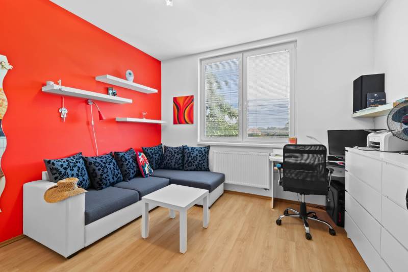 A living room in a family house with a red wall, a sofa, and a workspace.
