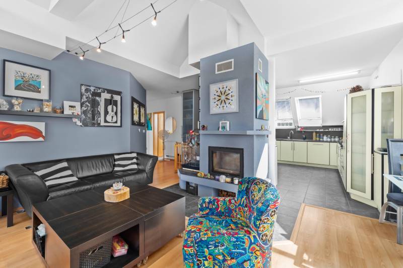 Living room in a family house with a sofa, fireplace, decorative paintings, and kitchen.