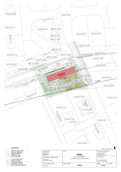 Project map of a guesthouse on residential plots in Veľká Lomnica, depicting utility networks.