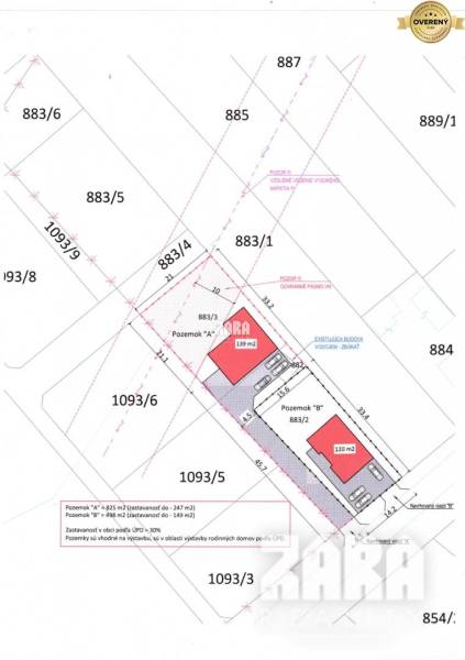 Cadastral map of residential plots in Svinica with areas and orientation of buildings.