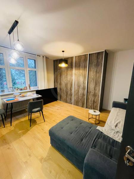 Living room in a two-room apartment with a wooden decor floor and a comfortable sofa.