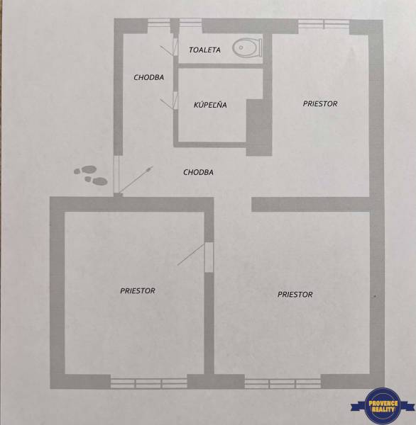 Floor plan of a 2-room apartment with a bathroom and toilet.