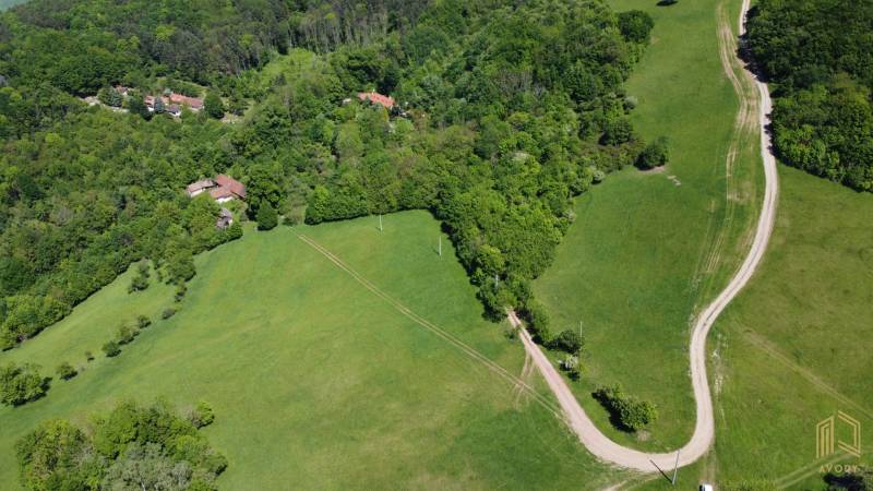 An aerial view of family houses surrounded by forest and meadows in Vrbovce.