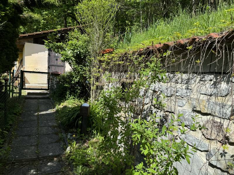 A stone path leading to a family house in Vrbovce, surrounded by greenery and a fence.
