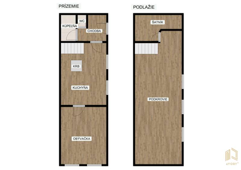 Floor plan of a family house with a wooden decor floor, living room, kitchen, and attic.