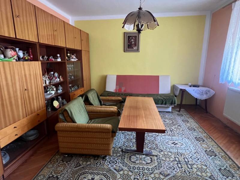 Living room in a family house with retro furniture, green armchairs, and a large carpet.