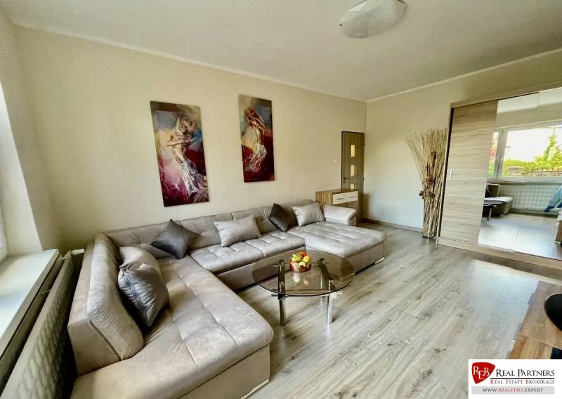 Living room in a two-room apartment with a wooden decor floor and a spacious sofa.