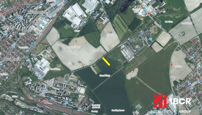 An aerial map shows development plots in Bratislava - Rača with surrounding areas.