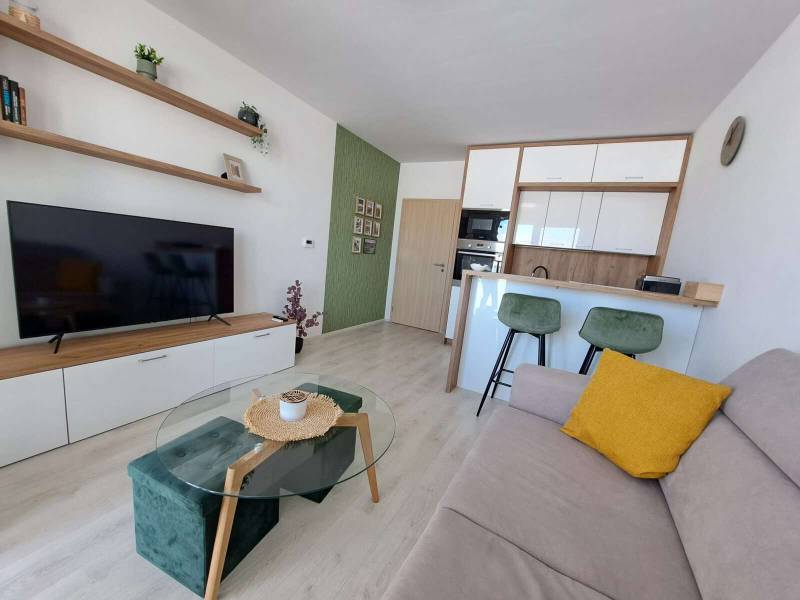 Living area of a studio apartment with a kitchenette, sofa, and television.