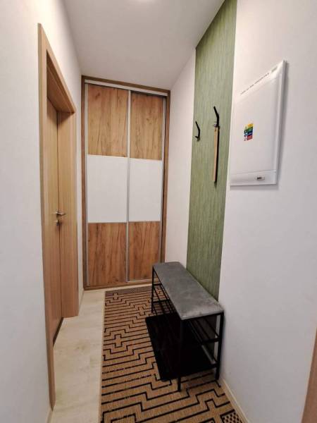 Studio apartment with a hallway, built-in wardrobe, and bench, floor with wood decor.