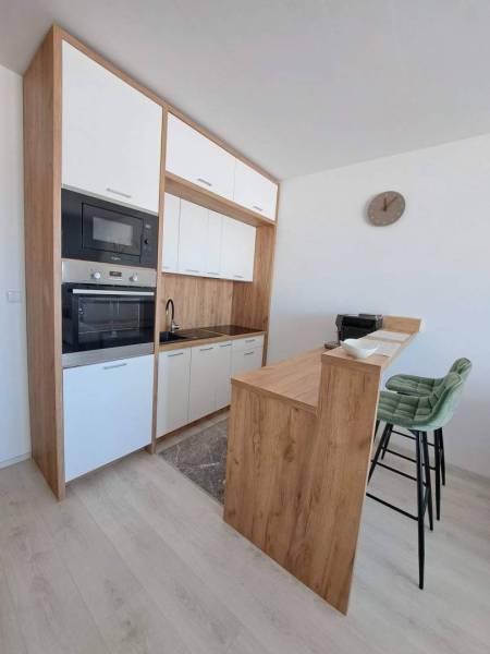 Studio apartment with a kitchenette, wooden decor flooring, and a bar counter with two stools.