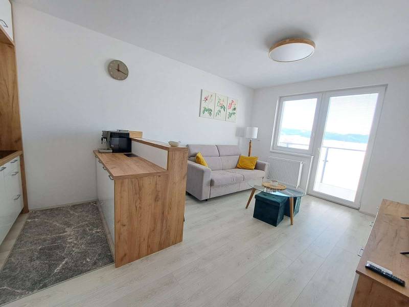 Studio apartment with a corner sofa, glass table, and wood-patterned flooring.