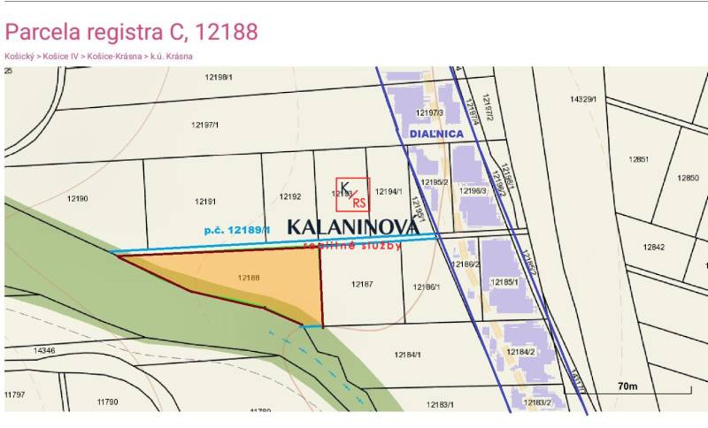 Map of commercial land in the Košice - Krásna district, plot no. 12188.