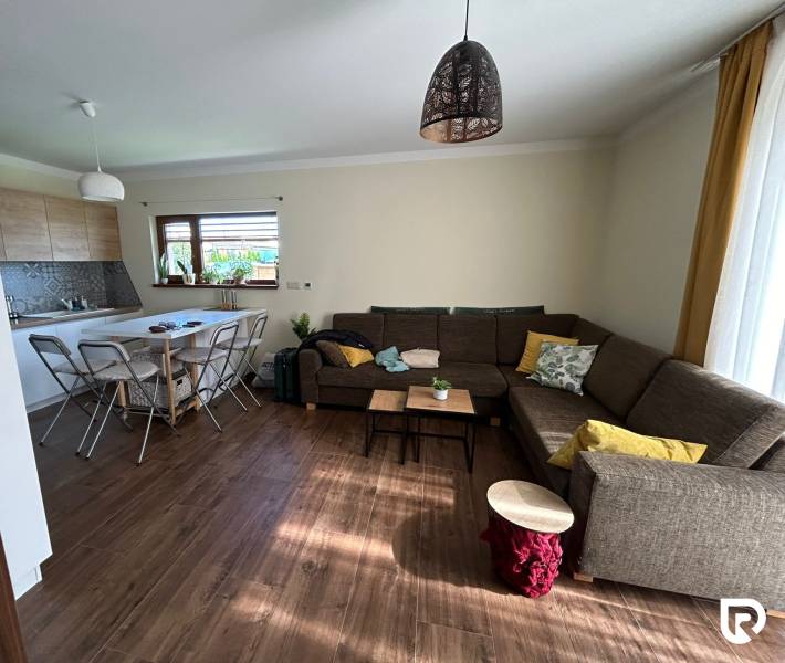 Living room with kitchen in a family house, wooden decor flooring, sofa and dining table.
