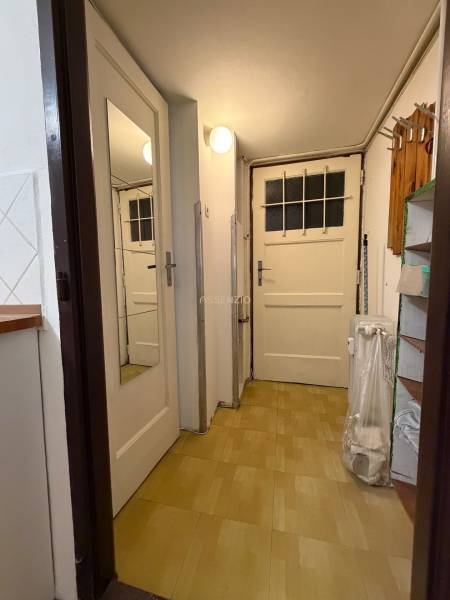 A narrow entrance area with a wooden decor floor in a studio apartment.