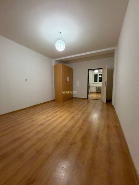 A room with a lamp, a wardrobe, and a wooden-decor floor in a studio apartment.
