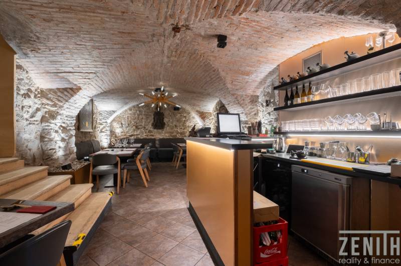Arched interior of gastro spaces with wood-patterned flooring and cozy lighting.