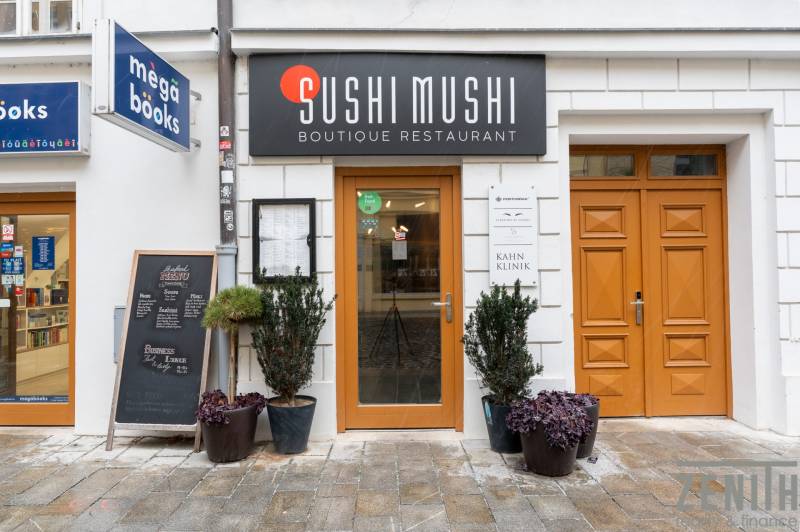 Gastro premises on Laurinská Street in Bratislava with visible menu and decoration.