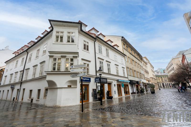 Historic buildings on Laurinská Street in Bratislava - Old Town, gastronomy spaces.
