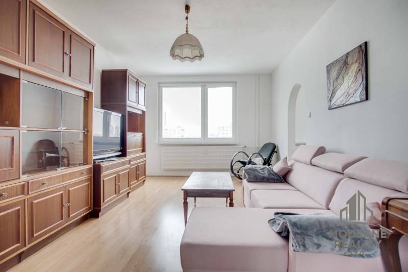 Living room in a 3-room apartment with a wooden decor floor and a sofa.