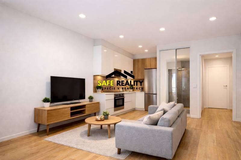 Living room with a kitchen, sofa, and wooden decor flooring in a studio apartment.