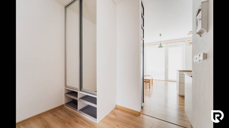 A hallway with a mirrored wardrobe and a wooden decor floor in a 2-room apartment.