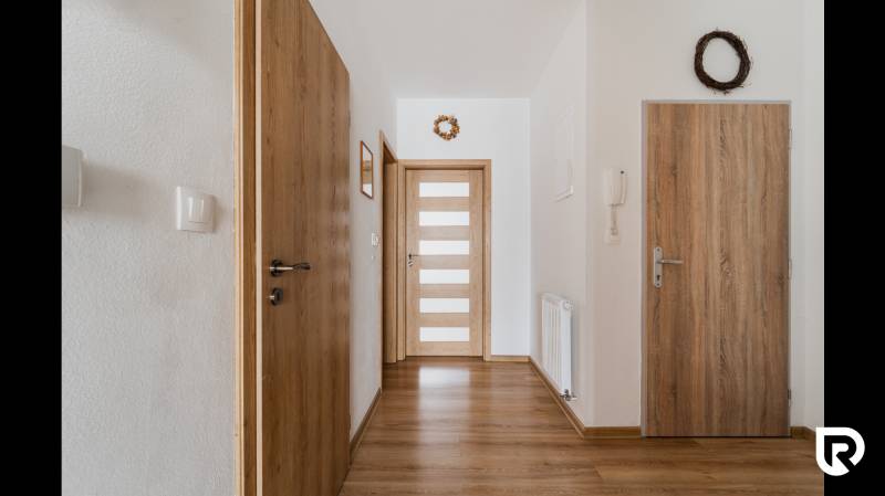 A hallway in a 2-room apartment with a wooden decor floor and light-colored walls.