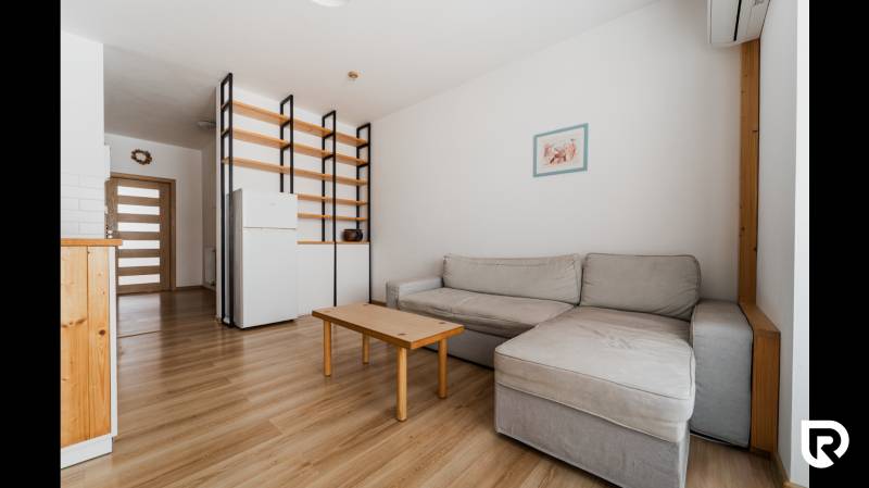 Living room in a two-room apartment with a sofa, table, and wooden decor flooring.