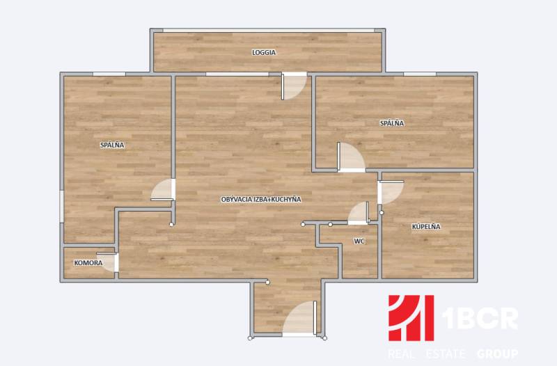 Floor plan of a 3-room apartment with a wood-patterned floor, includes a loggia and a storage room.
