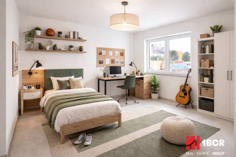 A room in a family house with a bed, a desk, shelves, and a guitar.