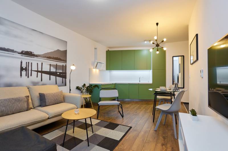 Living room with kitchen in a 2-room apartment, wooden decor flooring, green cabinets.