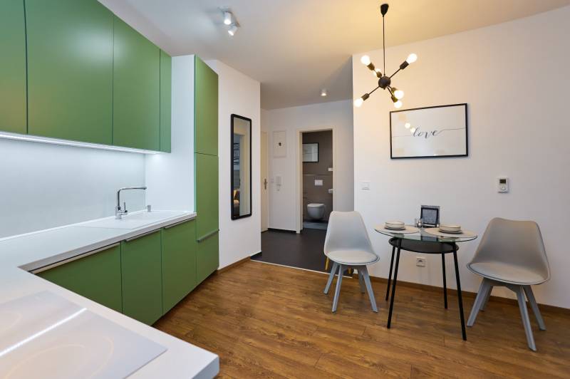 A kitchen with a wood-patterned floor, green cabinets, and a dining area in a two-room apartment.
