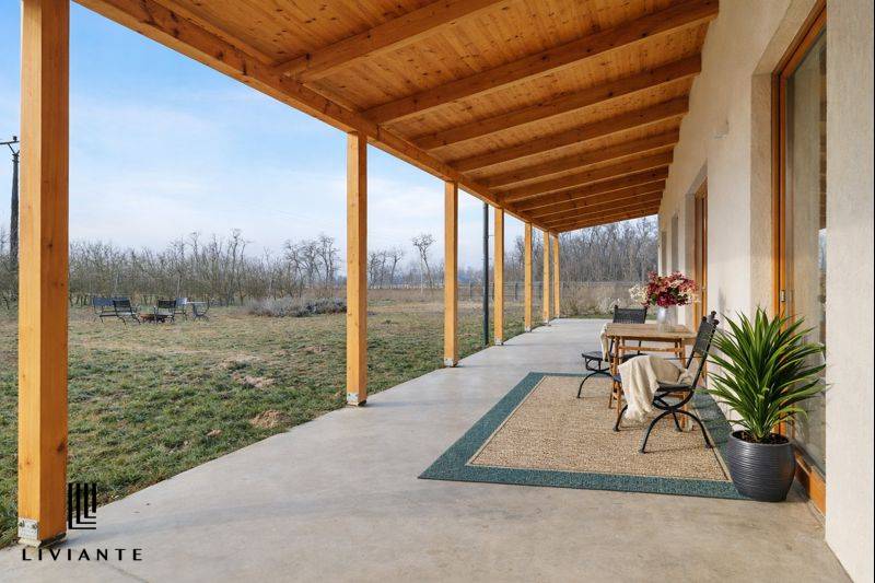 Veranda in the building on Láb Street in Láb with garden seating and a plant.