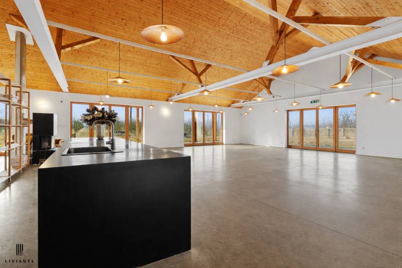 A building with large windows, high ceilings, and wood-patterned flooring.