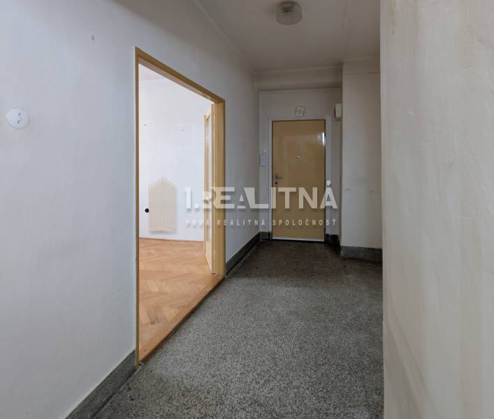 A hallway in a 2-room apartment with a wooden decor floor and entrance door.