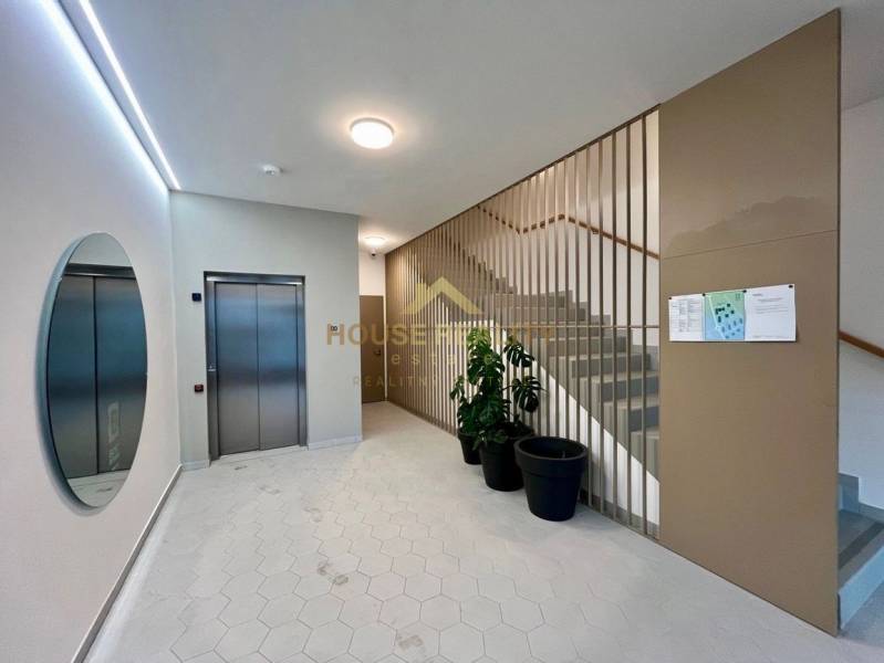 Entrance hall with elevator and staircase, flower pots, mirror, information board.