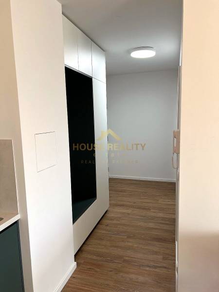 The 2-room apartment has a wooden decor floor, built-in wardrobes, and white walls.