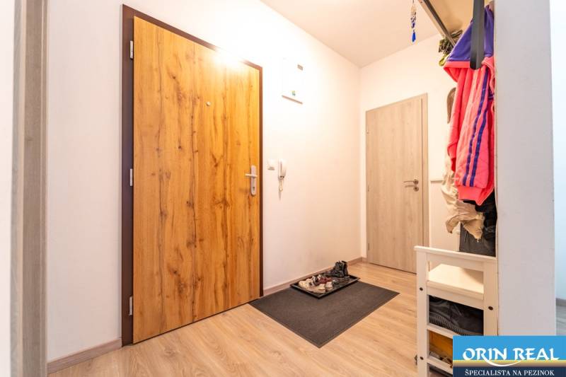 Entrance hall in a 2-room apartment with a wooden decor floor and a shoe cabinet.