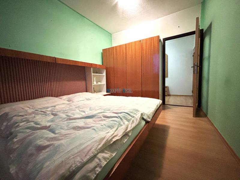 Studio apartment with built-in wardrobes, green walls, and a floor with a wood decor.